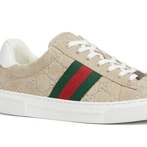 Gucci Ace Web GG Logo Oatmeal Beige Suede Low Top Trainer Size UK 10.5